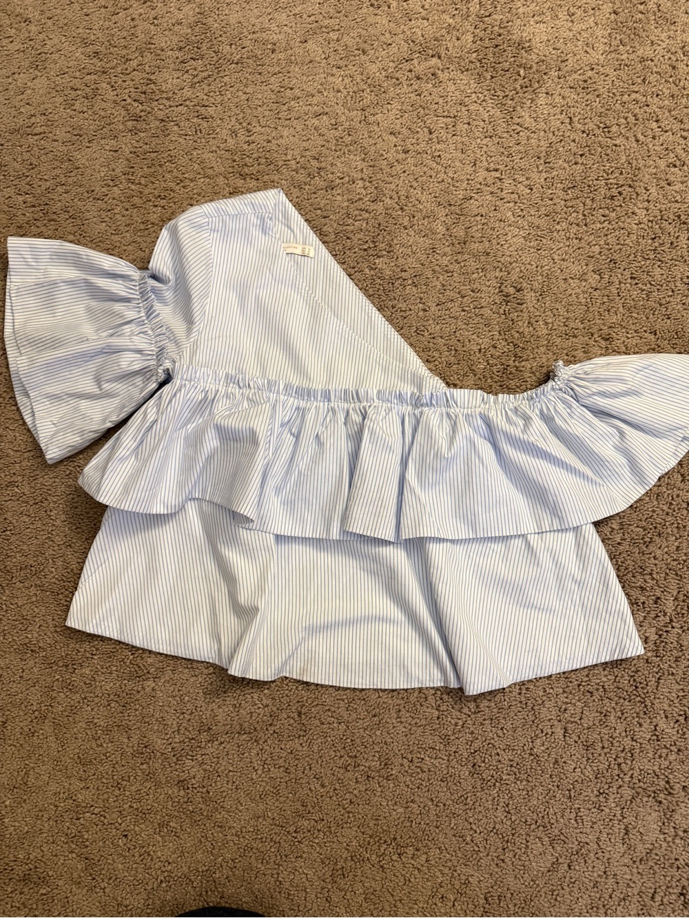 Zara Striped One-Shoulder Women size Medium  Light Blue and White Ruffle Top